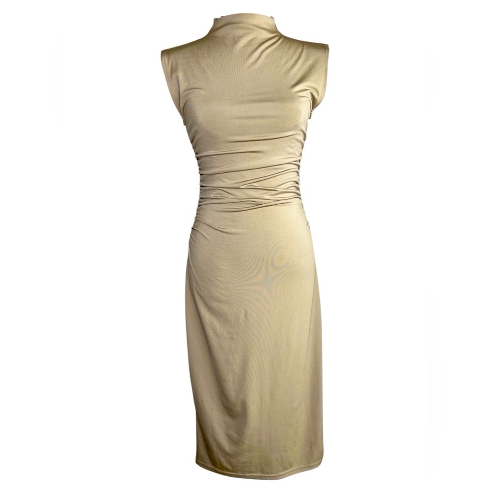 H&M Sleevless Gathered Beige Bodycon Midi Dress Size Small